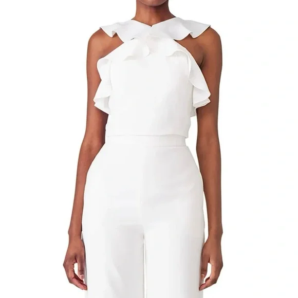 BHLDN MONIQUE LHUILLIER White Bissel Jumpsuit w/ Ruffle Halter Bodice - Size 8 - Picture 5 of 12
